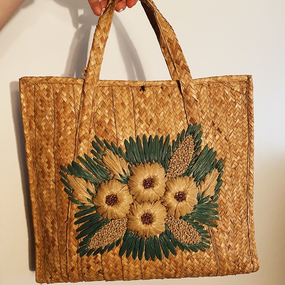 Madewell Handbags - Straw Bag with Floral Design